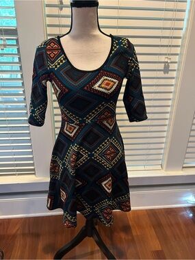 Every 1 Teal Multi Aztec Scoop-Neck Midi Dress